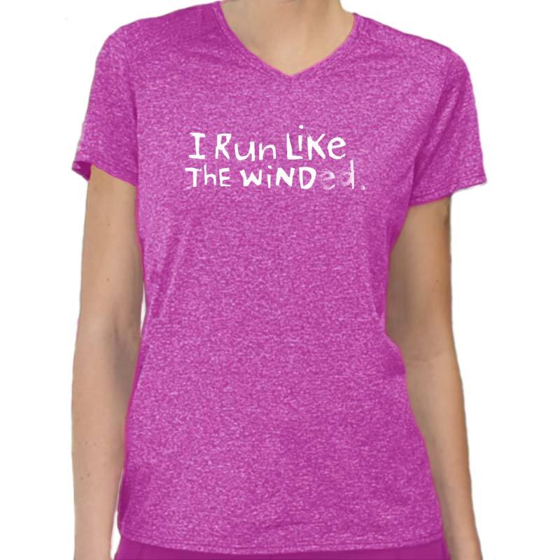 Ladies Heathersoft Tech Short Sleeve V - "I Run Like The Winded" - fuchsia