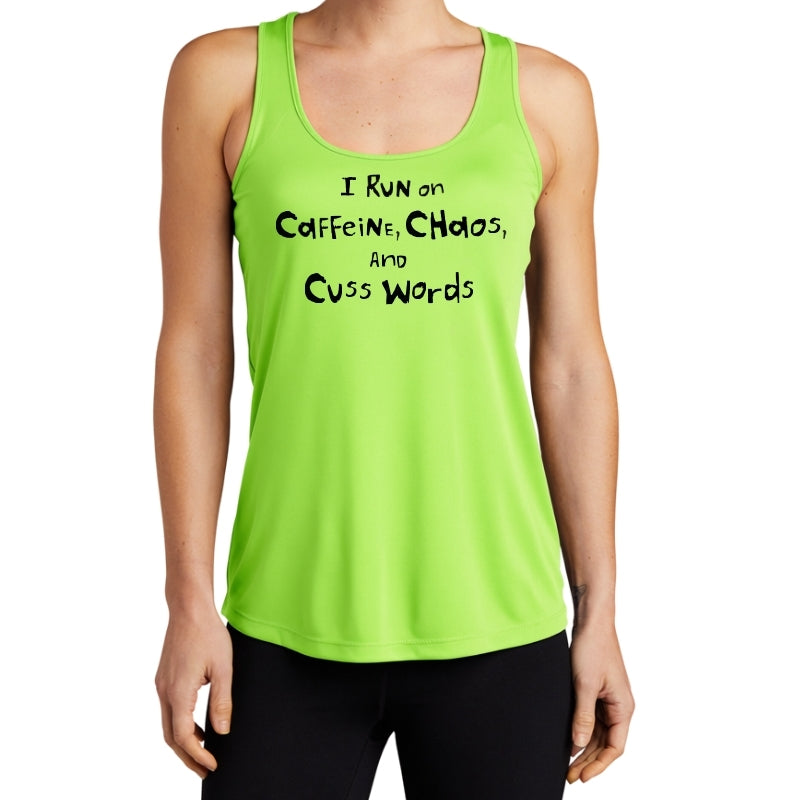 Women's Sports Tech Racerback Tank - "Caffeine, Chaos & Cuss Words"