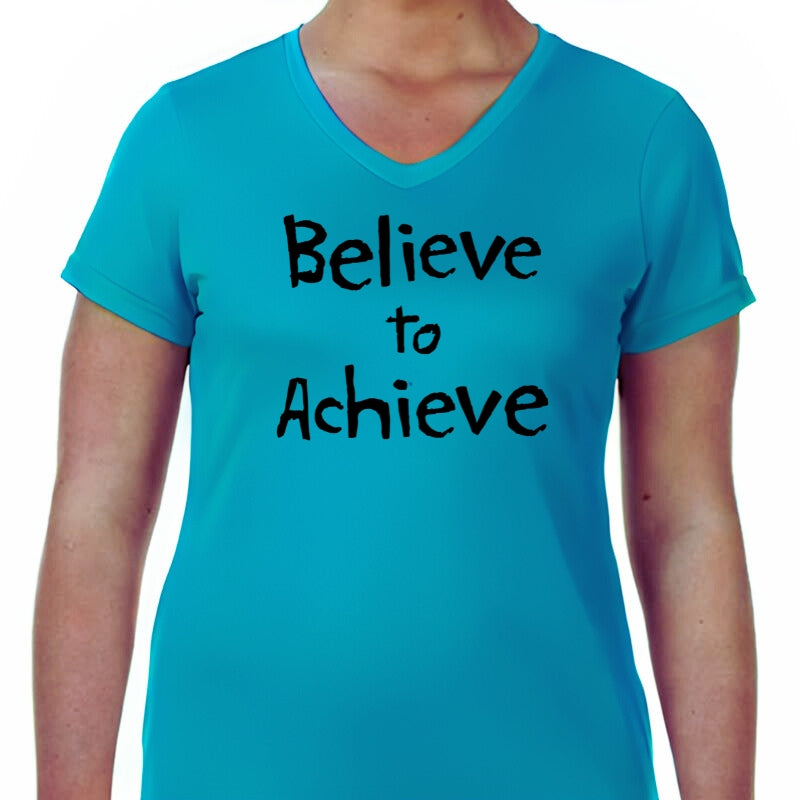 Ladies Sports Tech Short Sleeve V - "Believe To Achieve"