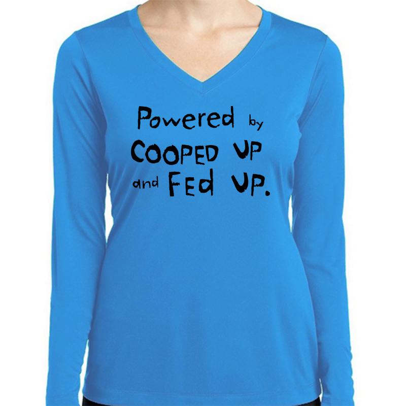 Ladies Sports Tech Long Sleeve V - "Powered By Cooped Up And Fed Up."