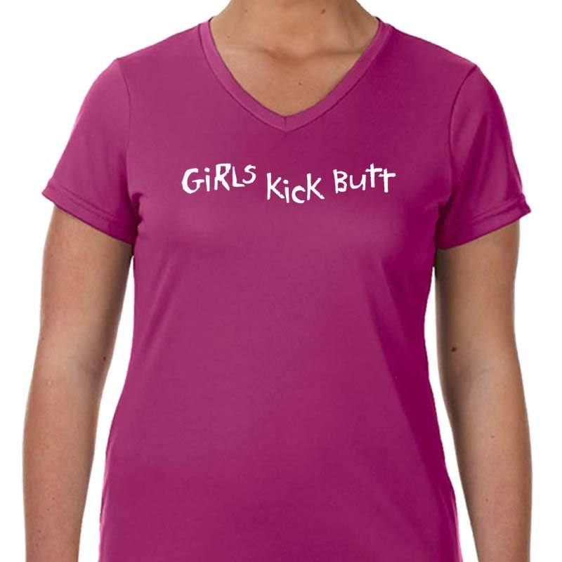 Ladies Sports Tech Short Sleeve V - "Girls Kick Butt"