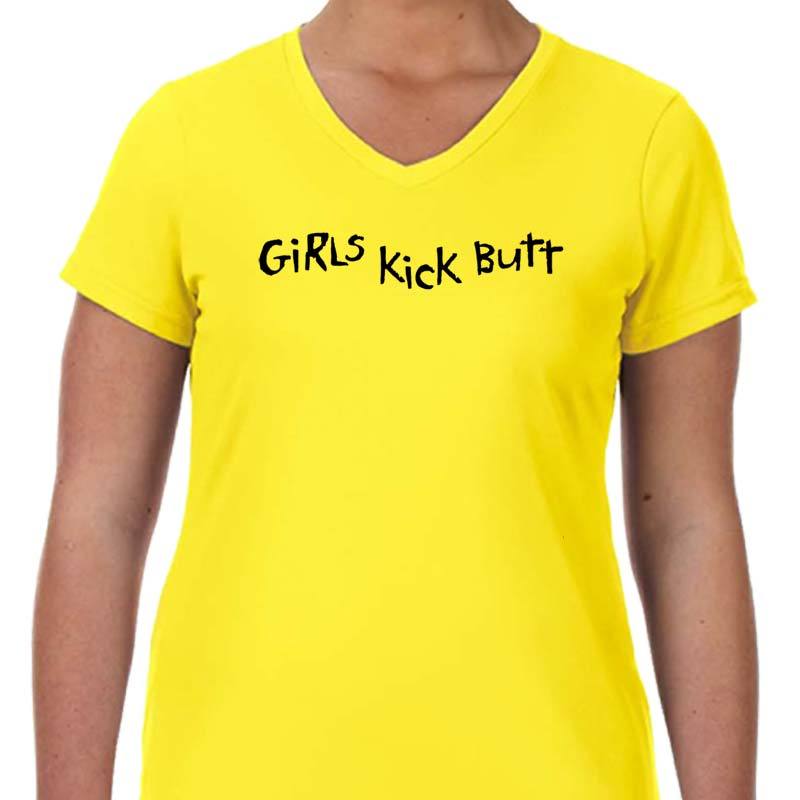 Ladies Sports Tech Short Sleeve V - "Girls Kick Butt"