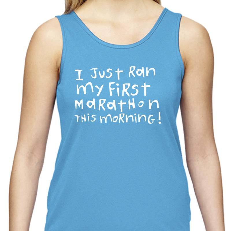 Ladies Sports Tech Tank Crew - "First Marathon - Third Wine"