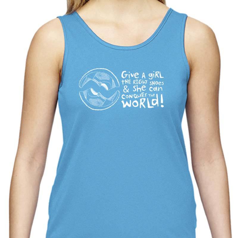 Ladies Sports Tech Tank Crew - "Give A Girl The Right Shoes And She Can Conquer The World"